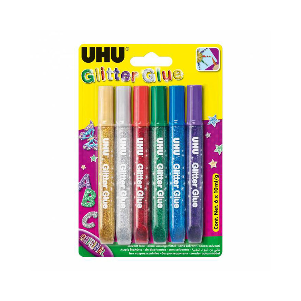 Κόλλα UHU glitter σε σωλινάριο σε 6 διαφορετικά χρώματα των 10ml