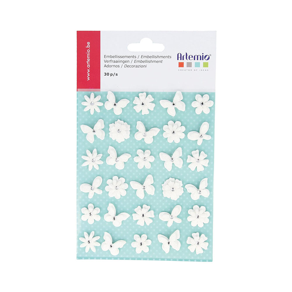 Λουλούδια & πεταλούδες χάρτινα Artemio στρας διακοσμητικά χειροτεχνίας σετ 30 τμχ λευκά (11060399)