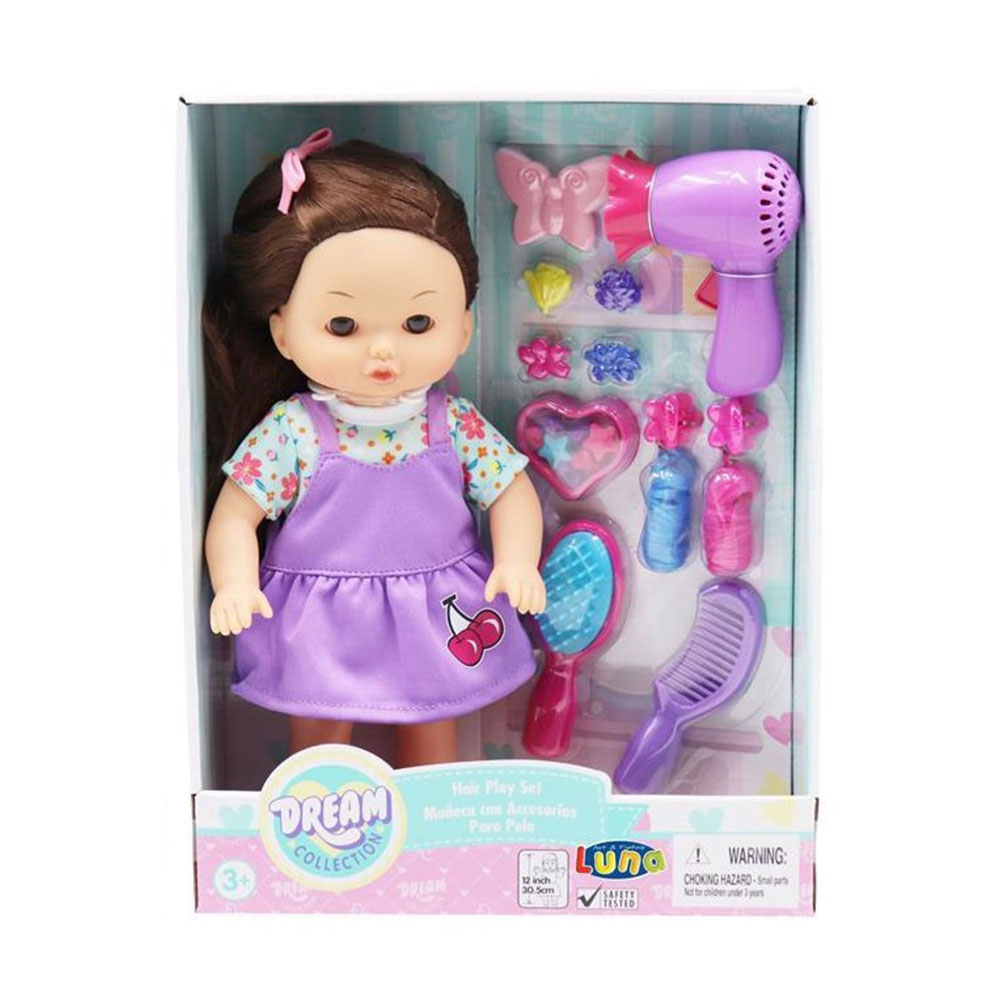 Κούκλα 30cm Luna με αξεσουάρ μαλλιών και μωβ φόρεμα (000622181)