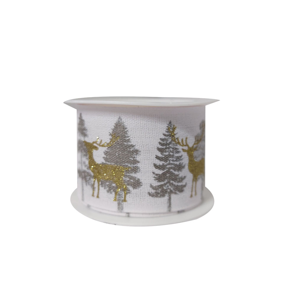 Κορδέλα συσκευασίας Goldi decor χριστουγεννιάτικη λευκό χρώμα με έλατα & ταρανδάκια 4cmX2m (K-96104)