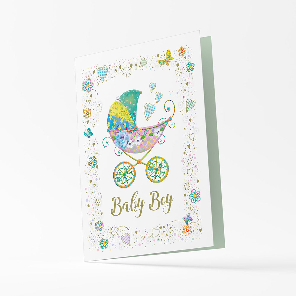 Ευχετήρια κάρτα Origami γέννησης  Baby boy με γαλάζιο καρότσι (22OR13)