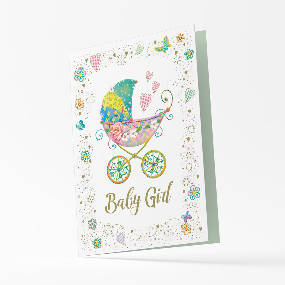Ευχετήρια κάρτα Origami γέννησης Baby girl με ροζ καρότσι (21OR210)