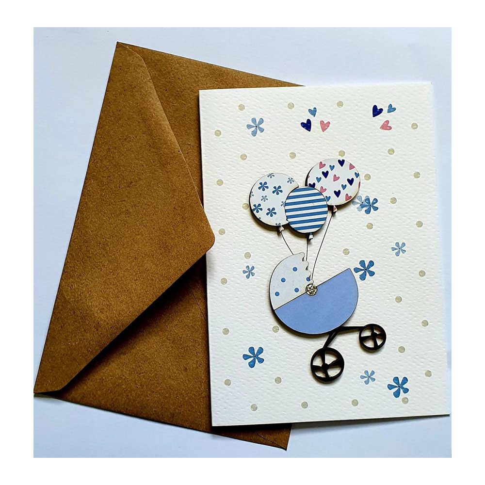 Ευχετήρια κάρτα βάπτισης Pescovoi για αγόρι με γαλάζιο καρότσι και μπαλόνια (4815406000587)