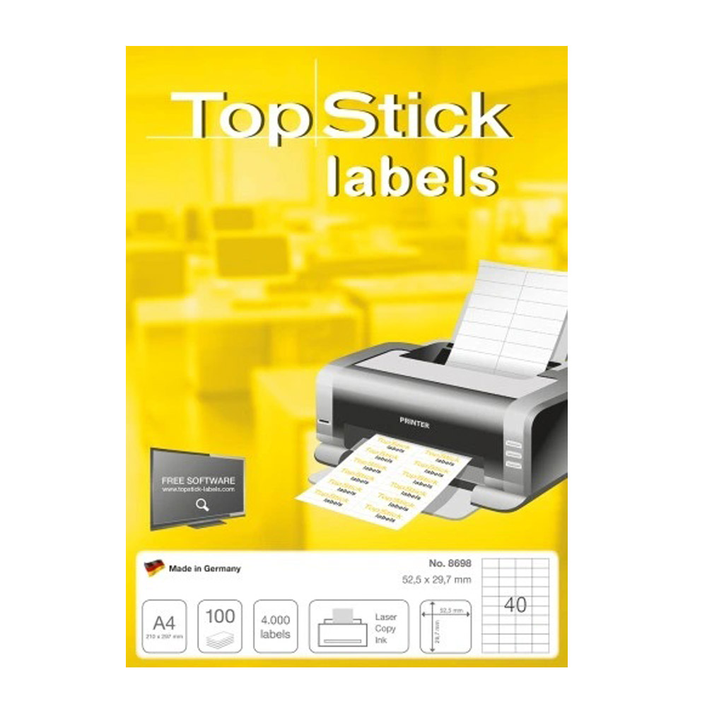 Ετικέτες αυτοκόλλητες TopStick 52,5x29,7mm λευκές 40/Φ 100 φύλλα A4 (8698)